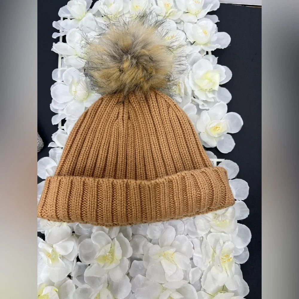 J CREW Pom Pom Hat Women OS Ribbed Cuffed Beanie NEW Knit Cotton color caramel